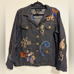 Alex Kim 1X Dark Denim Jacket Boho Floral Embroidery Art wear cottagecore Plus S